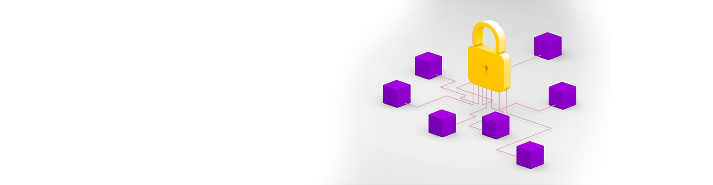 Yellow security lock connecting process to seven purple blocks