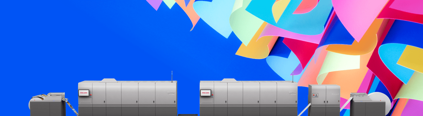 Continuous feed printer with blue background colorful pieces of paper