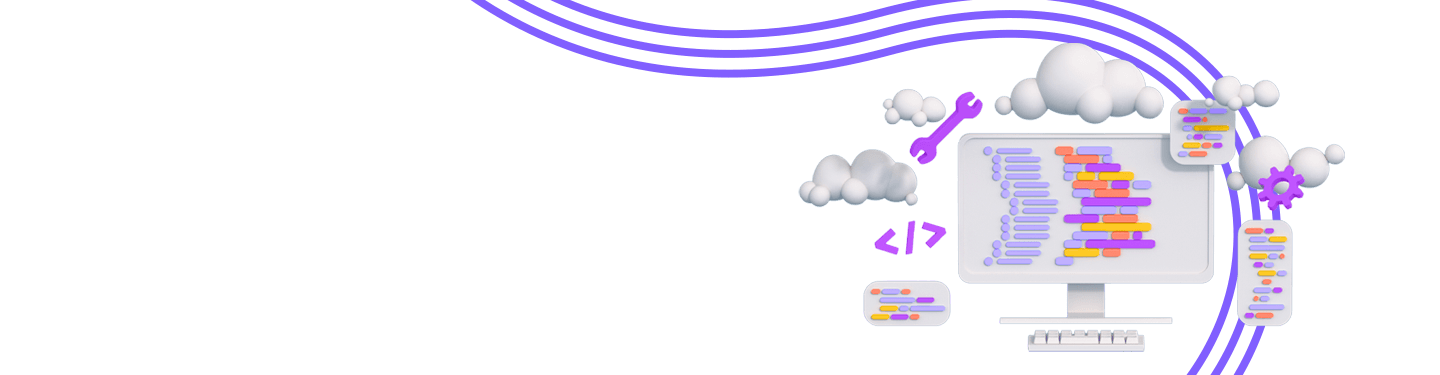 concept of and animated image of a desktop and developer tools and coding with clouds surrounding it
