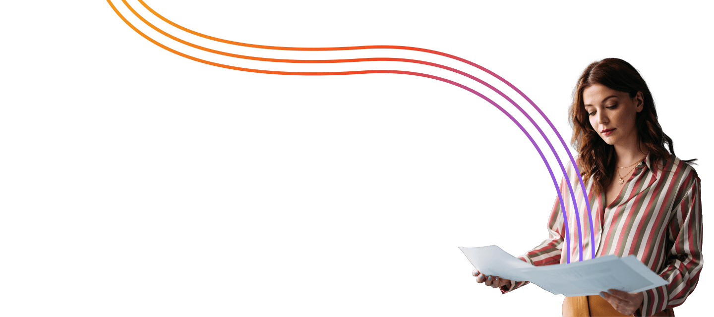 Person holding papers with colorful lines extending from the papers to the top left corner of the image.