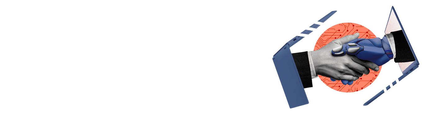 AI hand shaking human hand through laptop