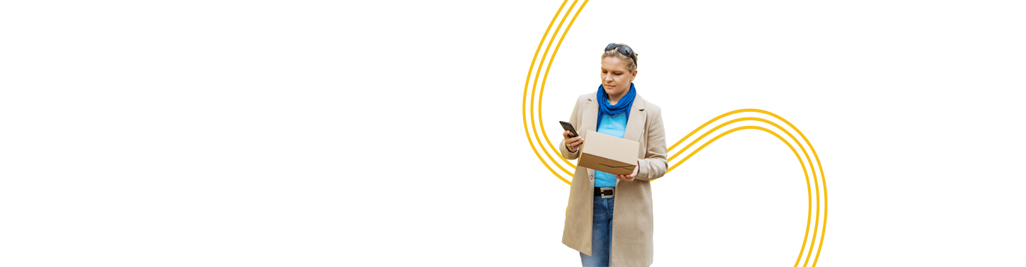 Woman holding a package and mobile phone