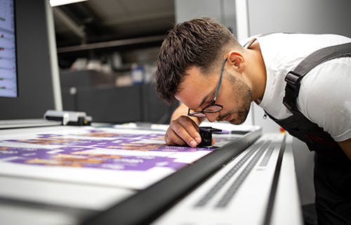 employee checking print proofs